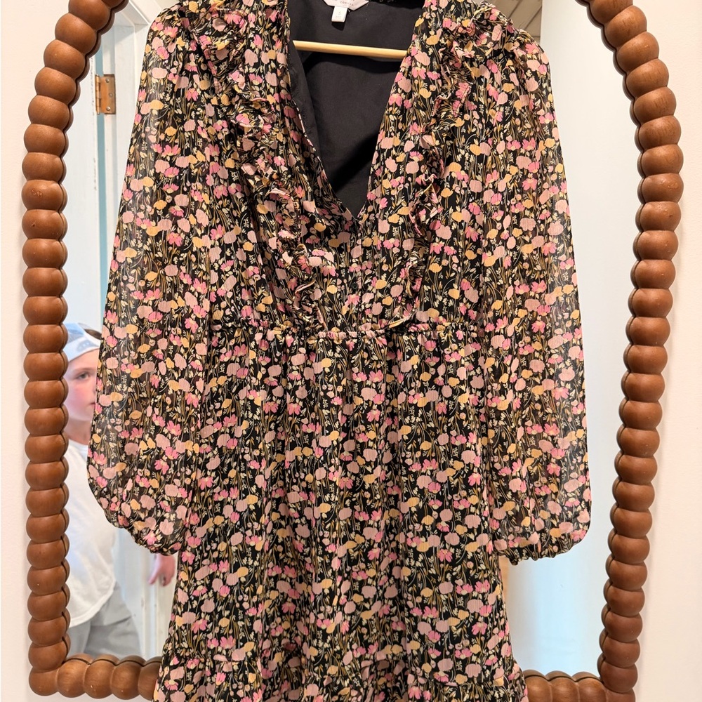 Lauren Conrad Floral V-Neck Ruffle Dress in Black with Pink & Cream Flowers